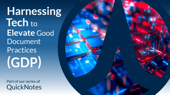 Harnessing_Technology_to_Elevate_Good_Documentation_Practices_(GDP)_PharmAllies_QuickNote Graphic titled 'Harnessing Tech to Elevate Good Document Practices (GDP),' featuring a blue and red digital theme with technology elements, including a large arrow-shaped symbol. Part of PharmAllies' QuickNotes series on GDP compliance and technological innovation.