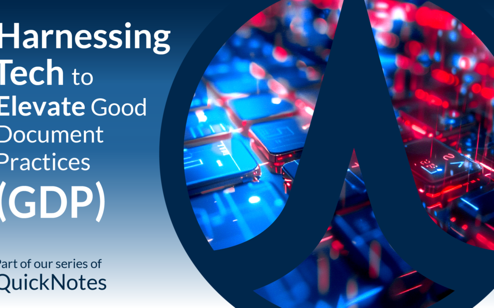 Graphic titled 'Harnessing Tech to Elevate Good Document Practices (GDP),' featuring a blue and red digital theme with technology elements, including a large arrow-shaped symbol. Part of PharmAllies' QuickNotes series on GDP compliance and technological innovation.